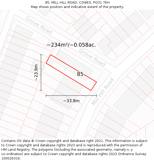85, MILL HILL ROAD, COWES, PO31 7EH: Plot and title map