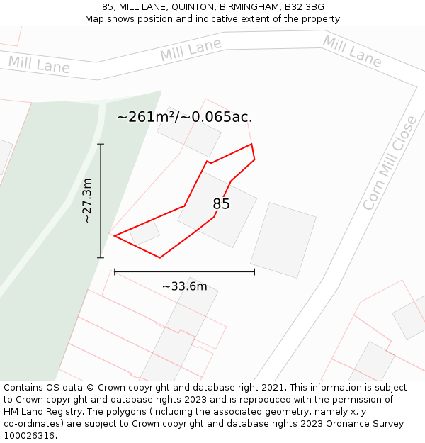 85, MILL LANE, QUINTON, BIRMINGHAM, B32 3BG: Plot and title map