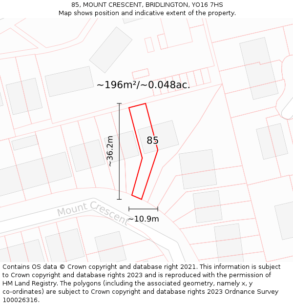 85, MOUNT CRESCENT, BRIDLINGTON, YO16 7HS: Plot and title map