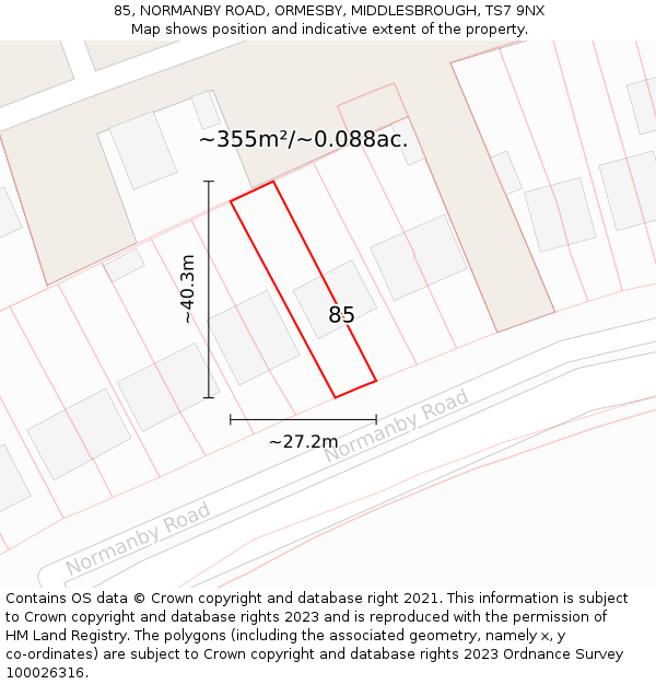85, NORMANBY ROAD, ORMESBY, MIDDLESBROUGH, TS7 9NX: Plot and title map