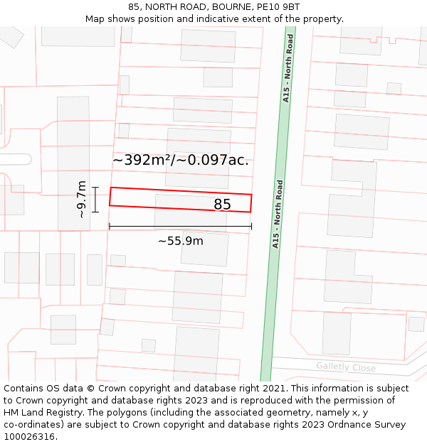 85, NORTH ROAD, BOURNE, PE10 9BT: Plot and title map