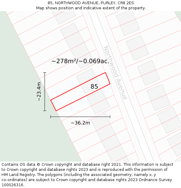 85, NORTHWOOD AVENUE, PURLEY, CR8 2ES: Plot and title map