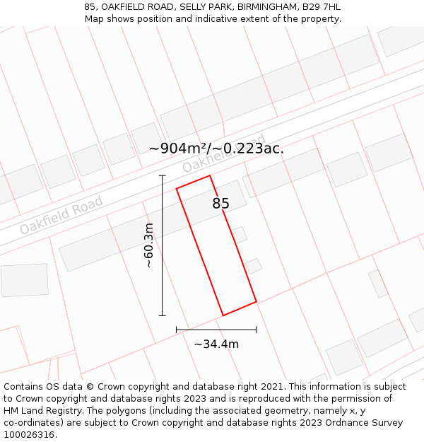 85, OAKFIELD ROAD, SELLY PARK, BIRMINGHAM, B29 7HL: Plot and title map