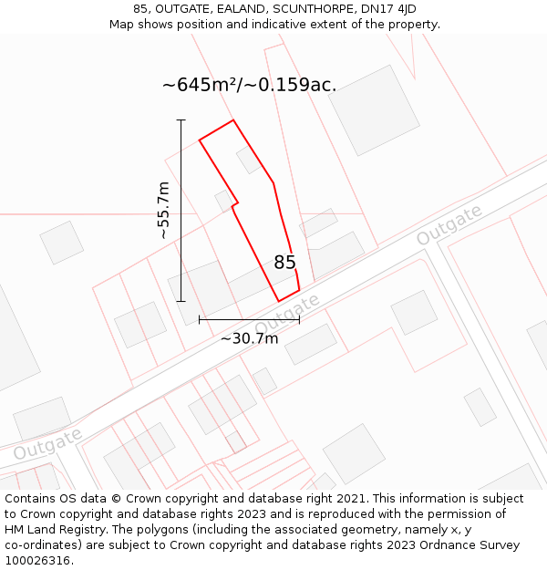 85, OUTGATE, EALAND, SCUNTHORPE, DN17 4JD: Plot and title map