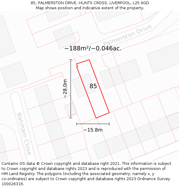 85, PALMERSTON DRIVE, HUNTS CROSS, LIVERPOOL, L25 9GD: Plot and title map