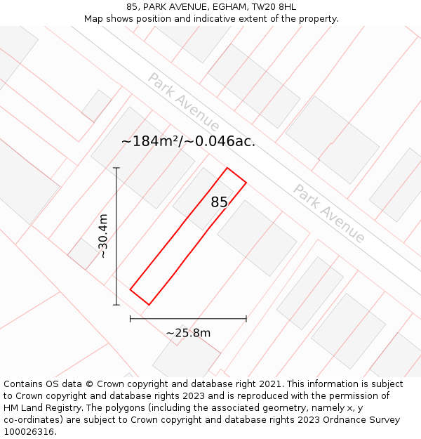 85, PARK AVENUE, EGHAM, TW20 8HL: Plot and title map