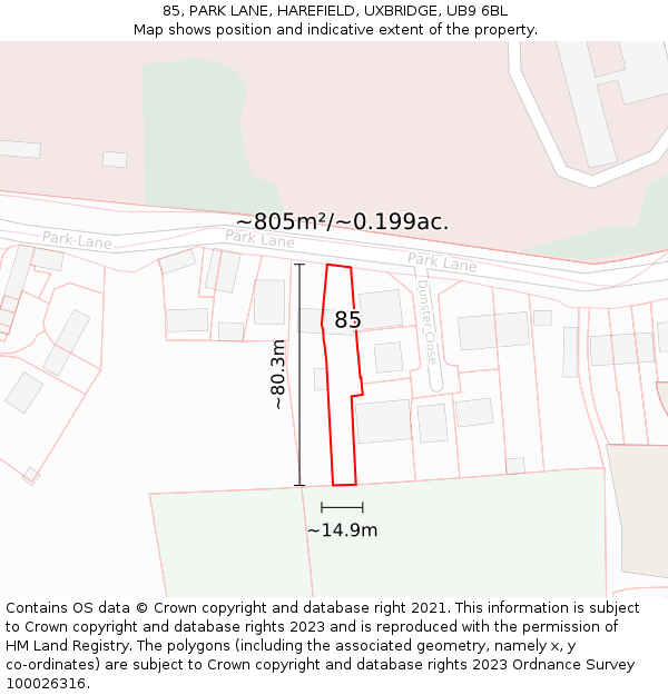 85, PARK LANE, HAREFIELD, UXBRIDGE, UB9 6BL: Plot and title map