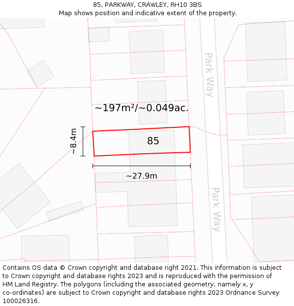 85, PARKWAY, CRAWLEY, RH10 3BS: Plot and title map