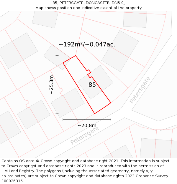 85, PETERSGATE, DONCASTER, DN5 9JJ: Plot and title map