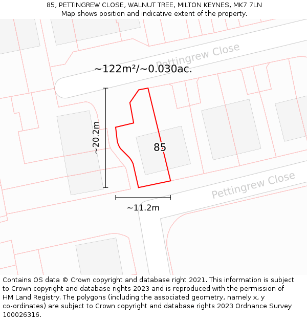 85, PETTINGREW CLOSE, WALNUT TREE, MILTON KEYNES, MK7 7LN: Plot and title map