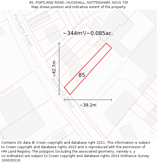 85, PORTLAND ROAD, HUCKNALL, NOTTINGHAM, NG15 7SF: Plot and title map