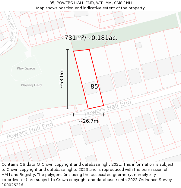 85, POWERS HALL END, WITHAM, CM8 1NH: Plot and title map