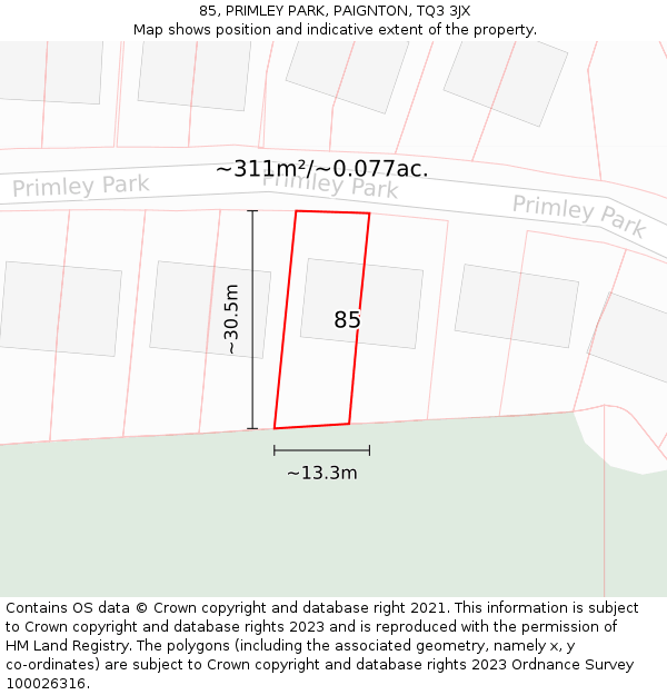 85, PRIMLEY PARK, PAIGNTON, TQ3 3JX: Plot and title map
