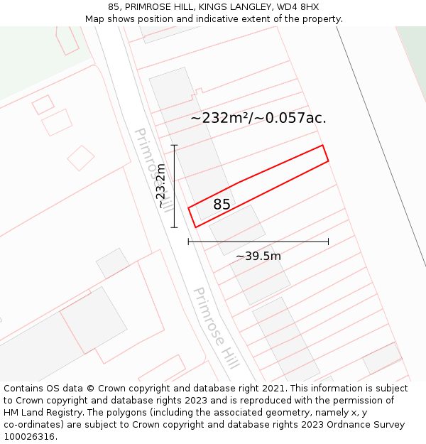 85, PRIMROSE HILL, KINGS LANGLEY, WD4 8HX: Plot and title map