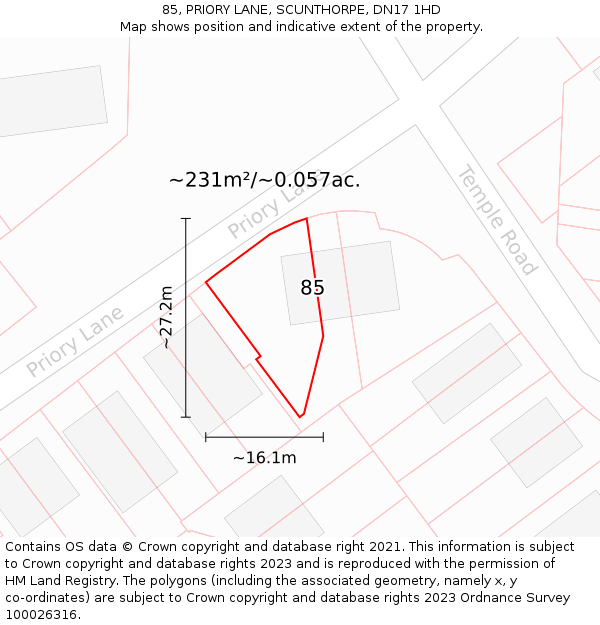 85, PRIORY LANE, SCUNTHORPE, DN17 1HD: Plot and title map