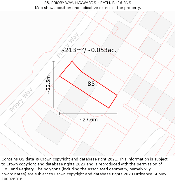 85, PRIORY WAY, HAYWARDS HEATH, RH16 3NS: Plot and title map