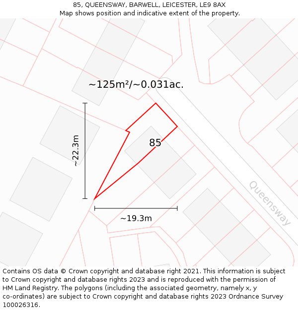 85, QUEENSWAY, BARWELL, LEICESTER, LE9 8AX: Plot and title map
