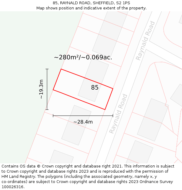 85, RAYNALD ROAD, SHEFFIELD, S2 1PS: Plot and title map