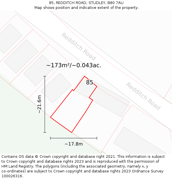 85, REDDITCH ROAD, STUDLEY, B80 7AU: Plot and title map