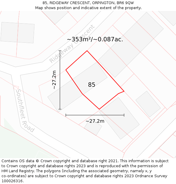 85, RIDGEWAY CRESCENT, ORPINGTON, BR6 9QW: Plot and title map