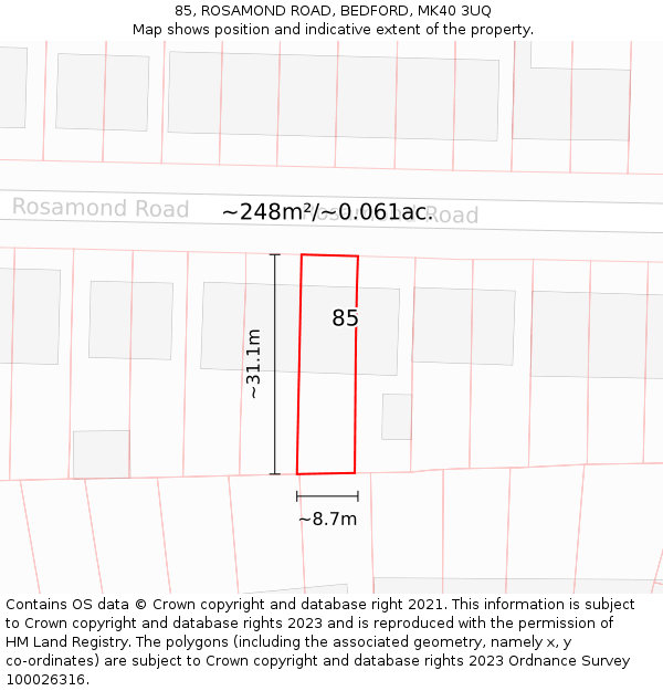 85, ROSAMOND ROAD, BEDFORD, MK40 3UQ: Plot and title map