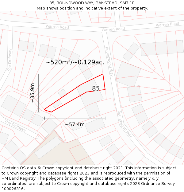 85, ROUNDWOOD WAY, BANSTEAD, SM7 1EJ: Plot and title map
