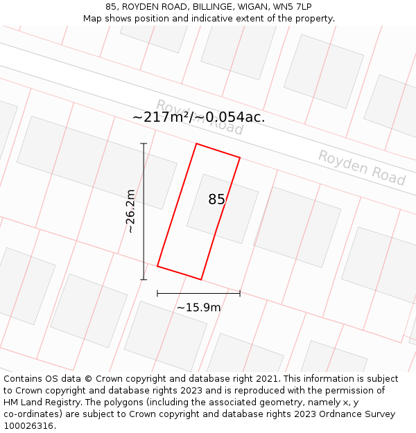 85, ROYDEN ROAD, BILLINGE, WIGAN, WN5 7LP: Plot and title map
