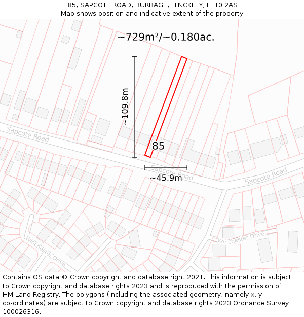 85, SAPCOTE ROAD, BURBAGE, HINCKLEY, LE10 2AS: Plot and title map