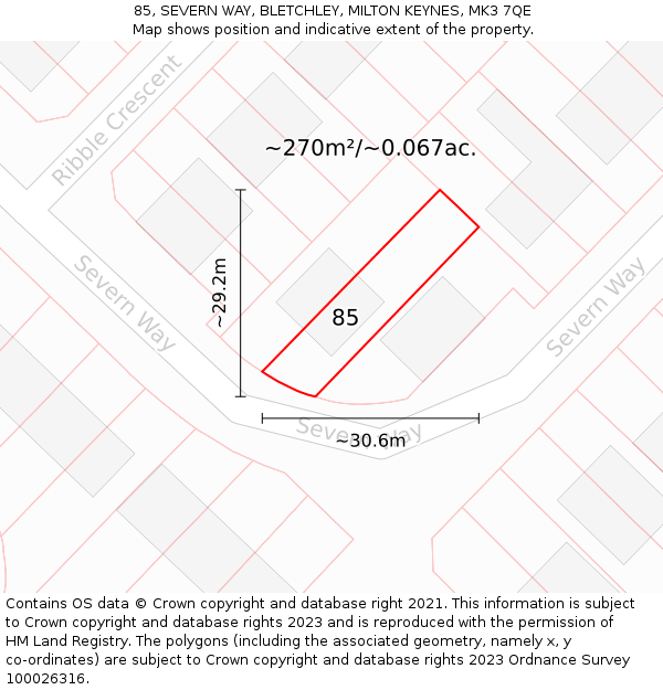 85, SEVERN WAY, BLETCHLEY, MILTON KEYNES, MK3 7QE: Plot and title map
