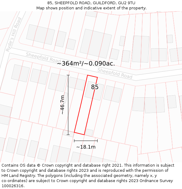 85, SHEEPFOLD ROAD, GUILDFORD, GU2 9TU: Plot and title map