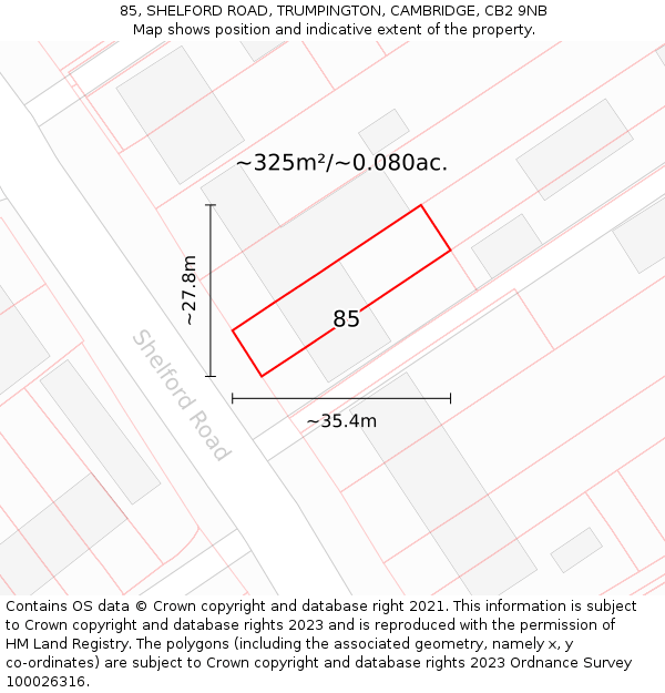 85, SHELFORD ROAD, TRUMPINGTON, CAMBRIDGE, CB2 9NB: Plot and title map