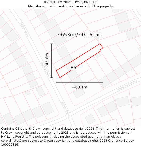 85, SHIRLEY DRIVE, HOVE, BN3 6UE: Plot and title map