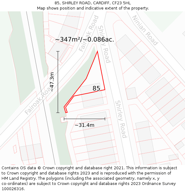 85, SHIRLEY ROAD, CARDIFF, CF23 5HL: Plot and title map