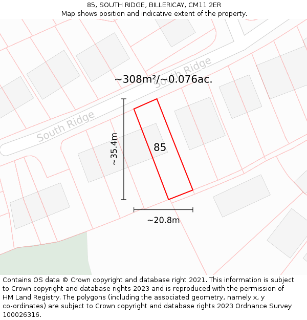 85, SOUTH RIDGE, BILLERICAY, CM11 2ER: Plot and title map