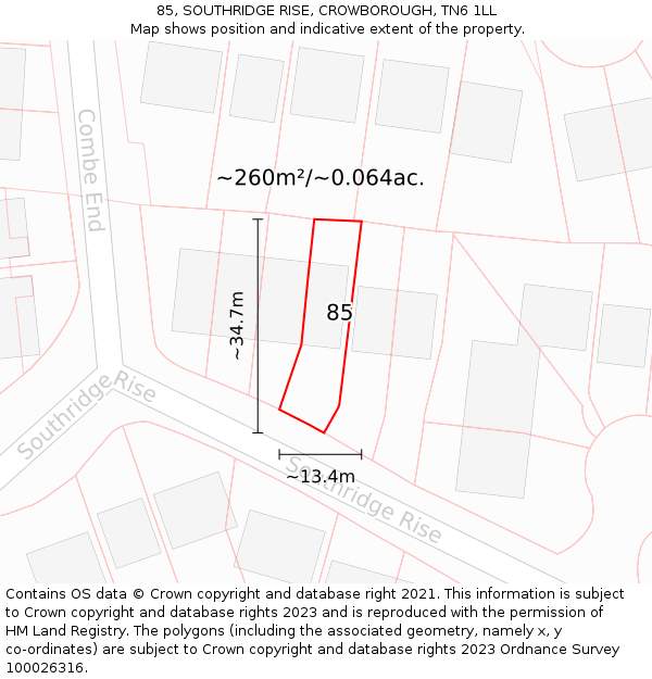 85, SOUTHRIDGE RISE, CROWBOROUGH, TN6 1LL: Plot and title map