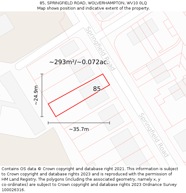 85, SPRINGFIELD ROAD, WOLVERHAMPTON, WV10 0LQ: Plot and title map