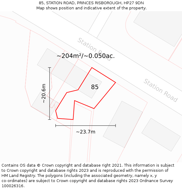 85, STATION ROAD, PRINCES RISBOROUGH, HP27 9DN: Plot and title map