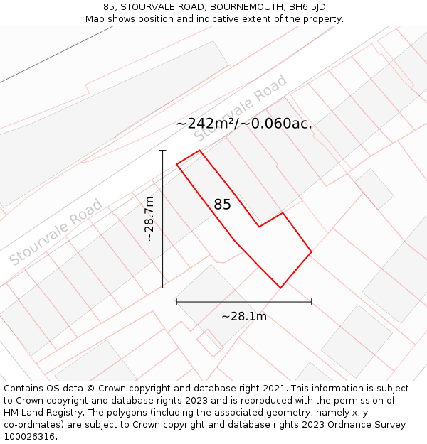 85, STOURVALE ROAD, BOURNEMOUTH, BH6 5JD: Plot and title map