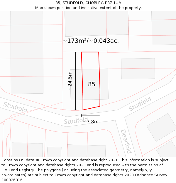 85, STUDFOLD, CHORLEY, PR7 1UA: Plot and title map