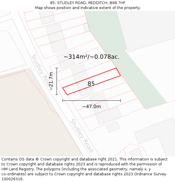 85, STUDLEY ROAD, REDDITCH, B98 7HF: Plot and title map