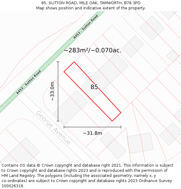 85, SUTTON ROAD, MILE OAK, TAMWORTH, B78 3PD: Plot and title map