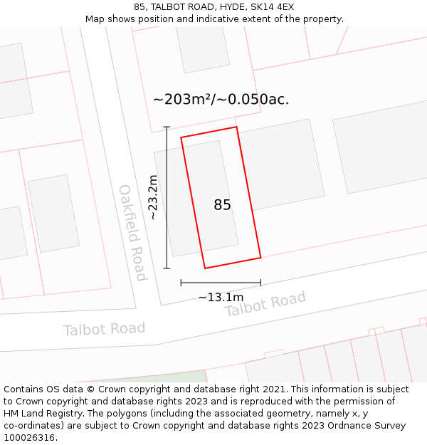 85, TALBOT ROAD, HYDE, SK14 4EX: Plot and title map