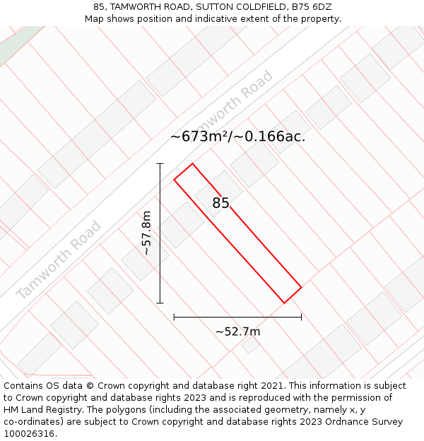 85, TAMWORTH ROAD, SUTTON COLDFIELD, B75 6DZ: Plot and title map