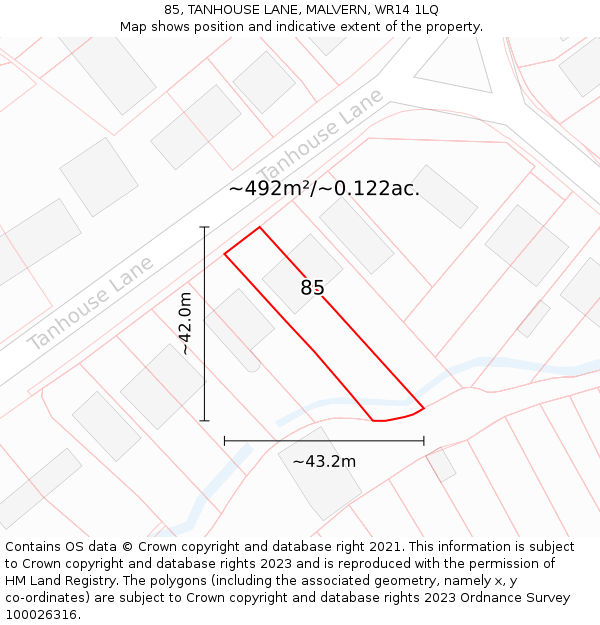 85, TANHOUSE LANE, MALVERN, WR14 1LQ: Plot and title map