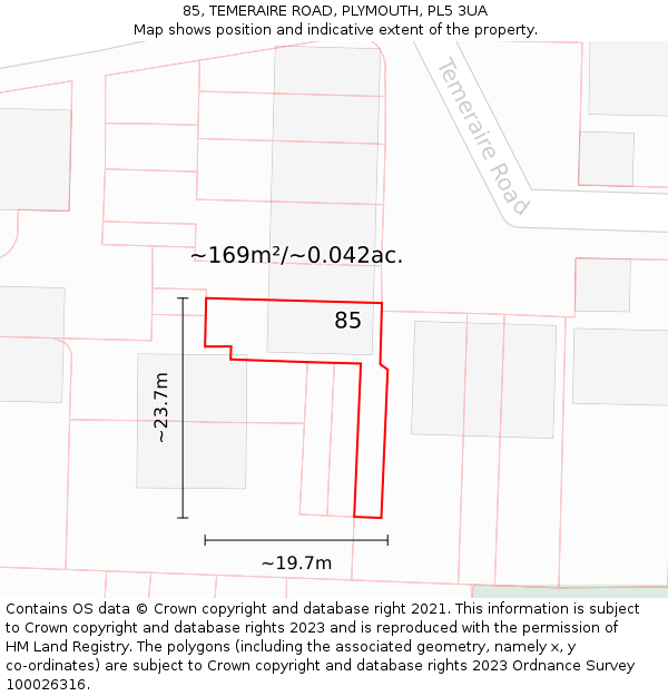 85, TEMERAIRE ROAD, PLYMOUTH, PL5 3UA: Plot and title map
