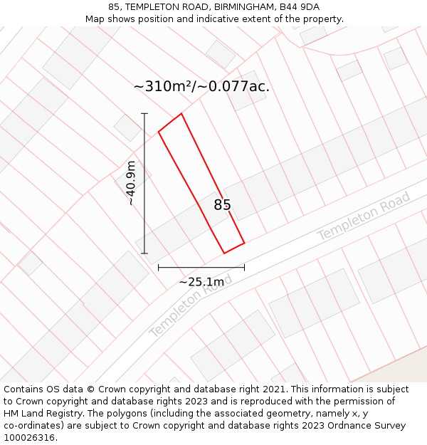 85, TEMPLETON ROAD, BIRMINGHAM, B44 9DA: Plot and title map