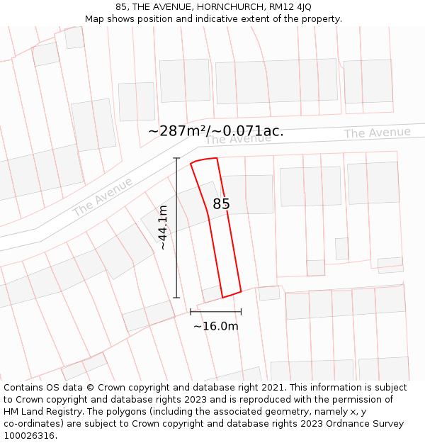 85, THE AVENUE, HORNCHURCH, RM12 4JQ: Plot and title map