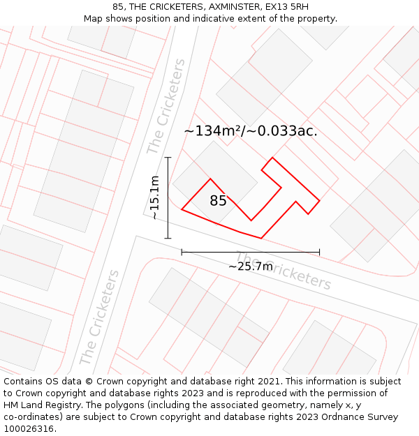 85, THE CRICKETERS, AXMINSTER, EX13 5RH: Plot and title map