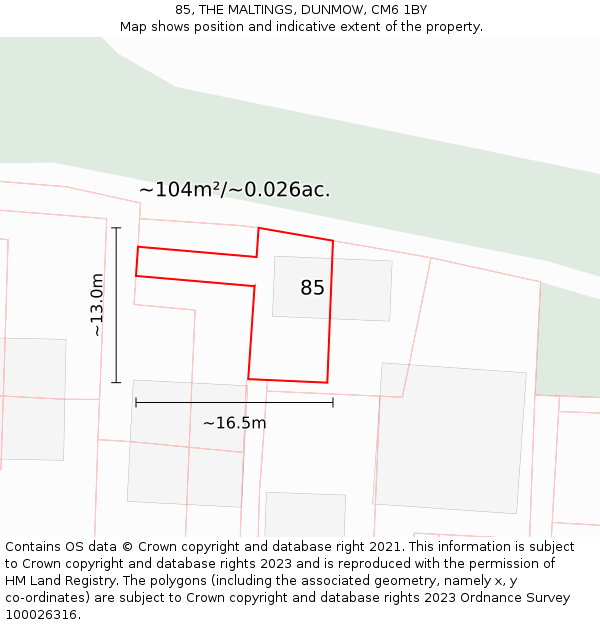 85, THE MALTINGS, DUNMOW, CM6 1BY: Plot and title map