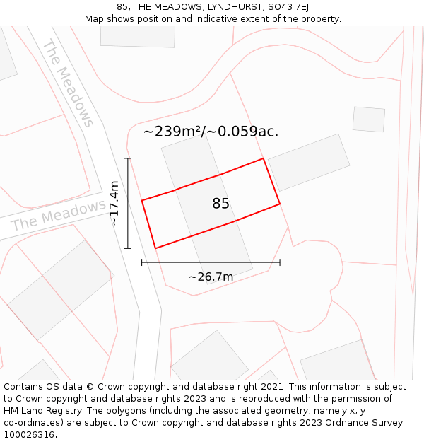 85, THE MEADOWS, LYNDHURST, SO43 7EJ: Plot and title map